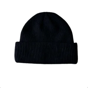 Classic black knitted beanie hat for men and women, solid color winter warm cuffed woolen cap.