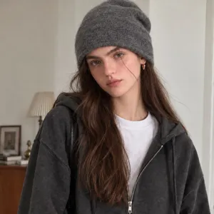 Autumn winter grey wool knitted beanie hat for women and men, casual solid color slouchy cap.