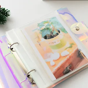 Transparent holographic loose leaf photo album for instax polaroid cards, clear pocket binder.