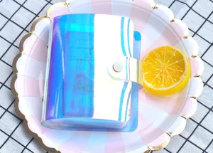 Close-up detail of the colorful laser 3-inch photo album card holder, showing shiny finish.