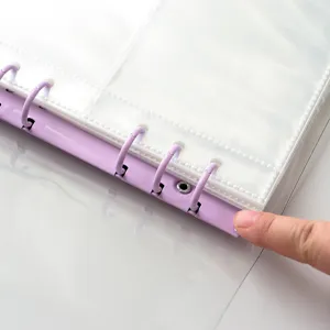Binder photo album detail for polaroid cards, transparent inner sleeves and purple rings.
