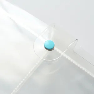 Close-up detail of clear plastic photo album pocket with turquoise snap button closure.