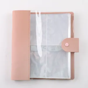 Pink PU leather loose-leaf photo album detail shot, transparent inner pocket card storage.