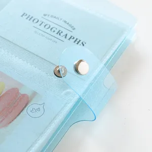 Glitter photocard holder detail showing transparent PP material and snap button closure.