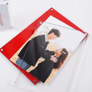 Marco de fotos de acrílico transparente y rojo, soporte de escritorio para fotos y tarjetas.