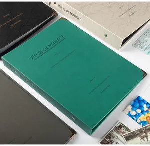 Polaroid 3-inch photo album detail, vintage ticket book with cover text and metal corners.