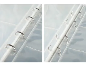 Clear 6-ring binder refill pages and metal rings close-up detail for 3-inch photo album storage.