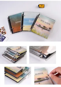 Close-up details of transparent loose-leaf mini photo album with metal rings and snap button closure.