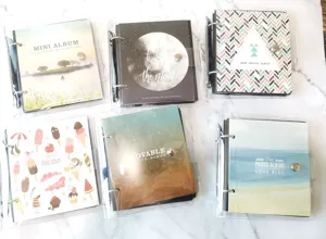 Loose-leaf mini photo album detail showing transparent cover and ring binder designs.