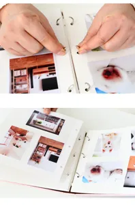 Vue de detail d'un album photo a anneaux metalliques pour ranger des photos polaroide miniatures.