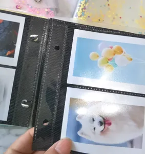 Loose-leaf PP photo album binder detail view, clear pocket storage for 3 inch 4 and tickets.