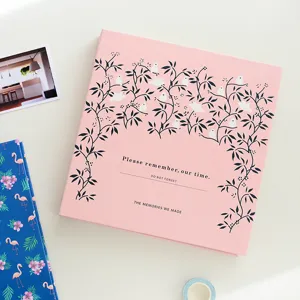 Vue détaillée d'un album photo rose avec de délicieuses illustrations d'arbres et d'oiseaux.