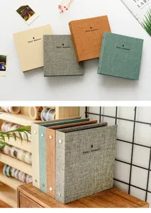 Detailed view of linen textured loose leaf photo album and ticket storage collector book.