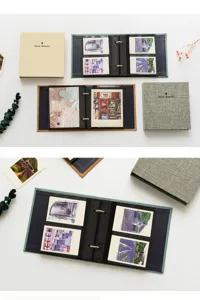 Loose-leaf fabric photo album and storage box set for holding pictures and tickets.
