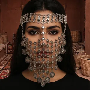 Vintage Zilveren Munt Kwastje Gezichtsketting Midden Oosten Exotisch Metalen Gaas Masker Buikdans Performance Accessoire Voor Dames