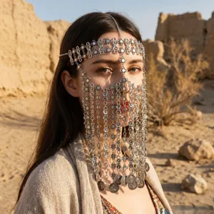 Voile de Visage Exotique en Alliage de Zinc avec Glands de Pièces Tête Rétro Style Ethnique Masque de Photographie Bijoux Femme Argent Antique