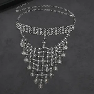 Vintage zilveren munten kwast gezicht ketting, exotische metalen gaas sluier buikdans accessoire.