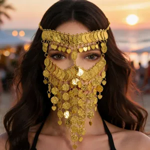 Cadena para la Cabeza con Máscara Facial de Aleación de Oro Exótico con Monedas Corazón y Borlas Joyería para el Cabello de Danza del Vientre para Mujer