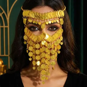 Cadena facial con borlas de monedas de oro exóticas para danza del vientre y accesorios de fotos.