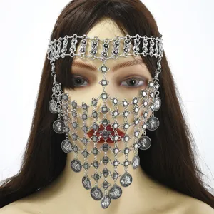 Vintage zilveren munt kwast gezicht ketting, exotische metalen gaas masker detail voor buikdans.