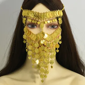 Velo de monedas de oro cadena facial, tocado de danza del vientre exótico, joyería de fiesta.