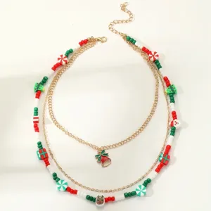 Collier multicouche de Noel avec cloches en email et pendentifs en perles pour femme fete