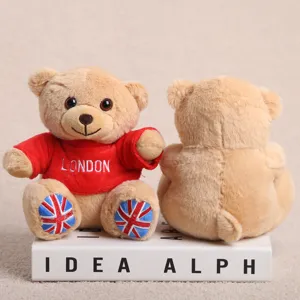 Teddy bear plush toy cute London souvenir stuffed animal with red hoodie and UK flag feet.