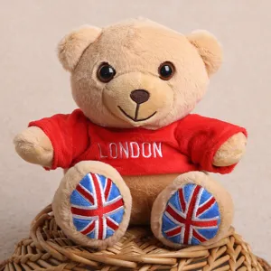 Cute sitting teddy bear plush toy with red hoodie and london embroidery souvenir doll gift