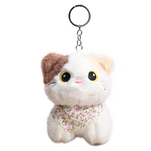 Adorable porte-clés chat en peluche avec bavoir floral, poupée animal rembourrée douce sac.