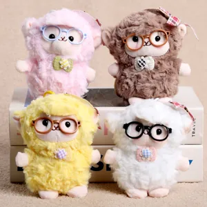 Cute plush sheep pendant with glasses, soft stuffed animal doll toy for bag decoration.