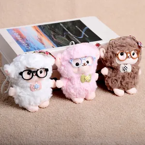 Cute fluffy sheep plush pendant with glasses, soft stuffed animal bag hanging ornament doll toy.