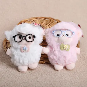 Cute plush sheep keychain toy with glasses, soft stuffed lamb bag pendant for kids and girls.