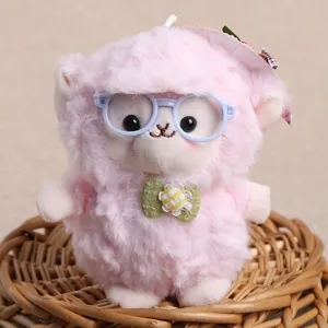 Cute pink plush sheep doll detail view, wearing blue glasses and lovely bow, soft texture close up.