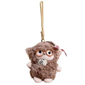 Cute plush sheep keychain with glasses and bow, soft stuffed animal bag pendant toy for kids.