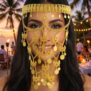 Chaîne de Visage en Métal Lourd de Style Arabe Avec Glands de Pièces Anciennes et Croissant de Lune Coiffe de Danse du Ventre Exotique