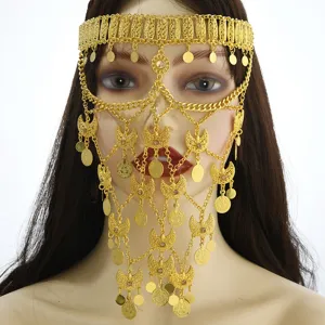 Chaîne de visage en métal doré style arabe avec pampilles masque pour fête et danse.