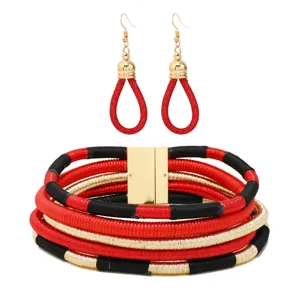 Handmade multi-layer wrapped choker necklace and drop earrings jewelry set ethnic African style.