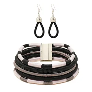 Handmade multi-layer cord jewelry set with choker necklace and matching drop earrings.