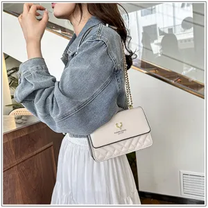 Chic women white quilted shoulder bag with elegant chain strap, trendy fashion daily crossbody bag.
