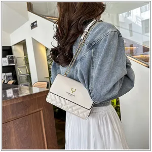 Detail shot of a stylish quilted shoulder bag with chain strap and elegant hardware design.