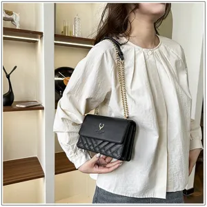 Black quilted shoulder bag for women, trendy chic design with gold chain strap and elegant style.