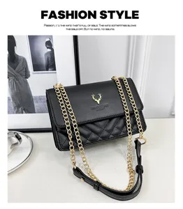 Black quilted chain shoulder bag for women, stylish faux leather crossbody bag with metal strap.