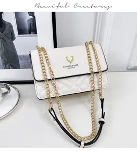 White quilted shoulder bag for women, stylish chain strap small square bag for daily use.