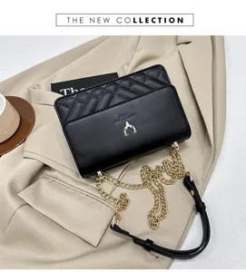 Elegant quilted chain shoulder bag for women, stylish black crossbody bag with metal logo.