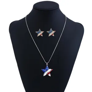 American flag star pendant necklace earrings jewelry set fashion rhinestone star design