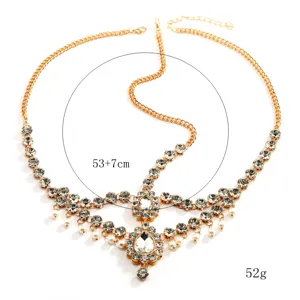 Gold Rhinestone Pearl Forehead Chain Bohemian Bridal Hair Jewelry Headpiece 53+7cm