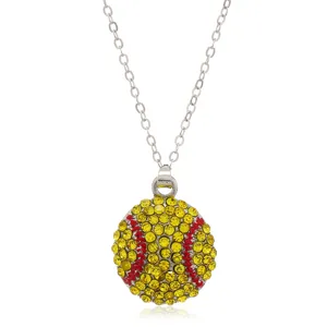 Gedetailleerde foto van glinsterende strass softball hanger ketting met zilveren ketting.