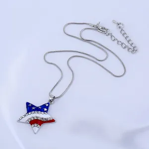 American flag star pendant necklace with rhinestones, stylish silver snake chain jewelry for women
