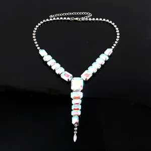 Exquisite long statement glass necklace featuring sparkling AB rhinestones for women.