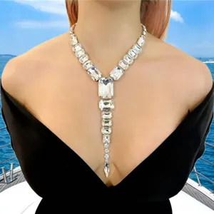 European and American fashion exaggerated long glass crystal Y-shaped necklace statement jewelry